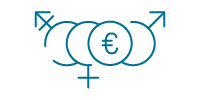 Eurozeichen mit den Symbolen für männlich, weiblich und divers